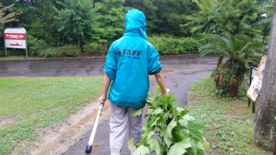大島が雨の中作業